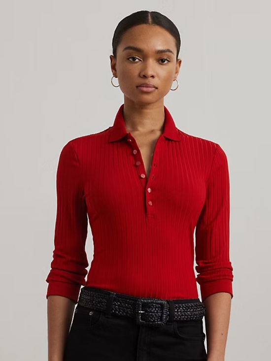 Lauren Ralph Lauren Tops - Lauren Ralph Lauren Red Ribbed Polo 3/4 Sleeve Size M Preppy Old Money